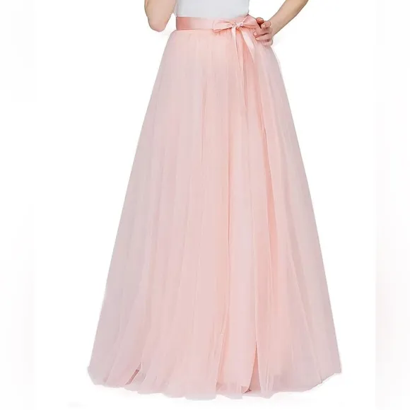 🎀 NWT Pink Tulle Full Length Layered Skirt w/ Satin Ribbon Sash Belt XL