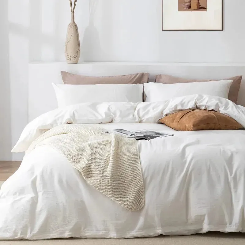 100% Washed Cotton 3-Piece Duvet Set - Cream White
