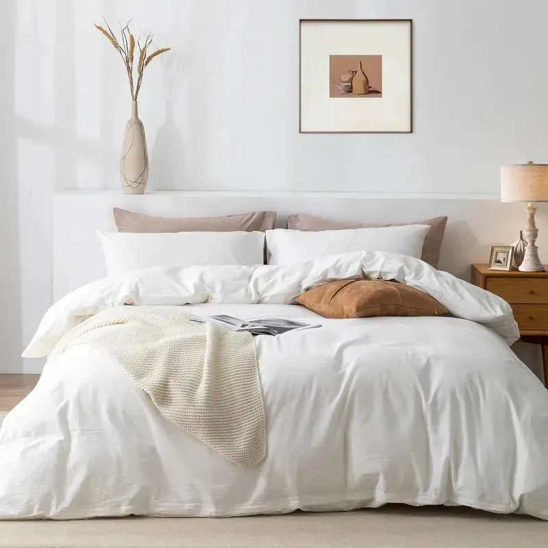 100% Washed Cotton 3-Piece Duvet Set - Cream White