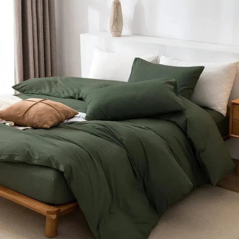 100% Washed Cotton 3-Piece Duvet Set - Olive Green