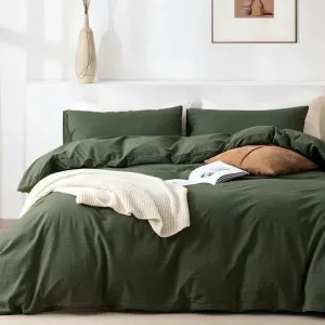 100% Washed Cotton 3-Piece Duvet Set - Olive Green