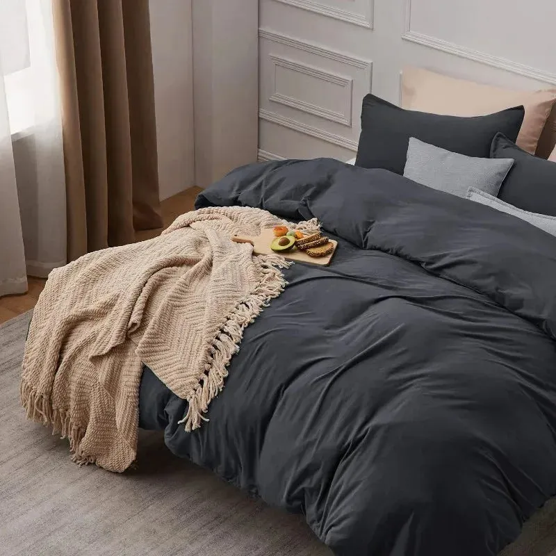 100% Washed Cotton Duvet Cover Set - Dark Grey
