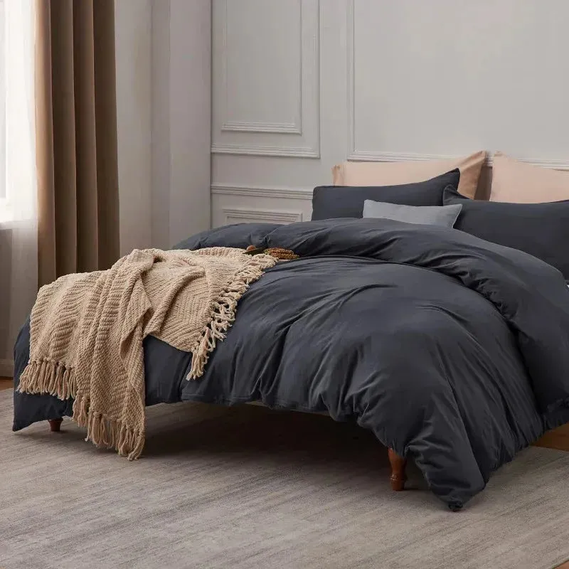 100% Washed Cotton Duvet Cover Set - Dark Grey