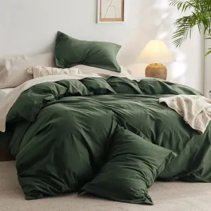 100% Washed Cotton Duvet Cover Set -  Olive Green