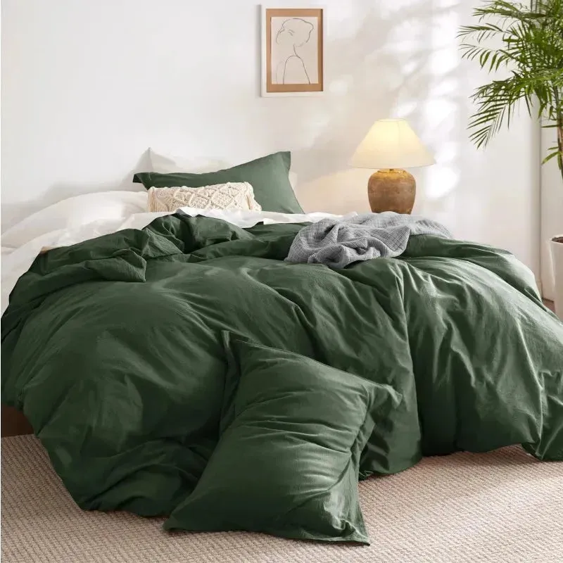 100% Washed Cotton Duvet Cover Set -  Olive Green