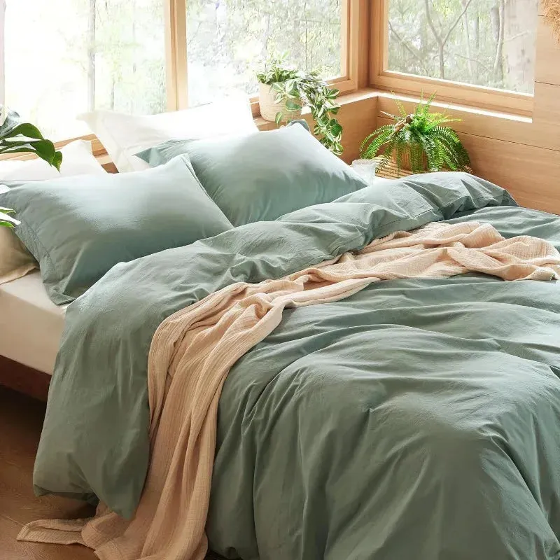 100% Washed Cotton Duvet Cover Set -  Sage Green