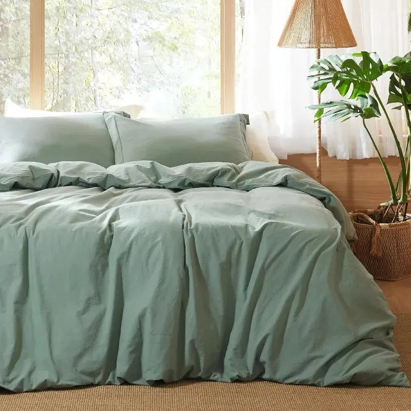 100% Washed Cotton Duvet Cover Set -  Sage Green