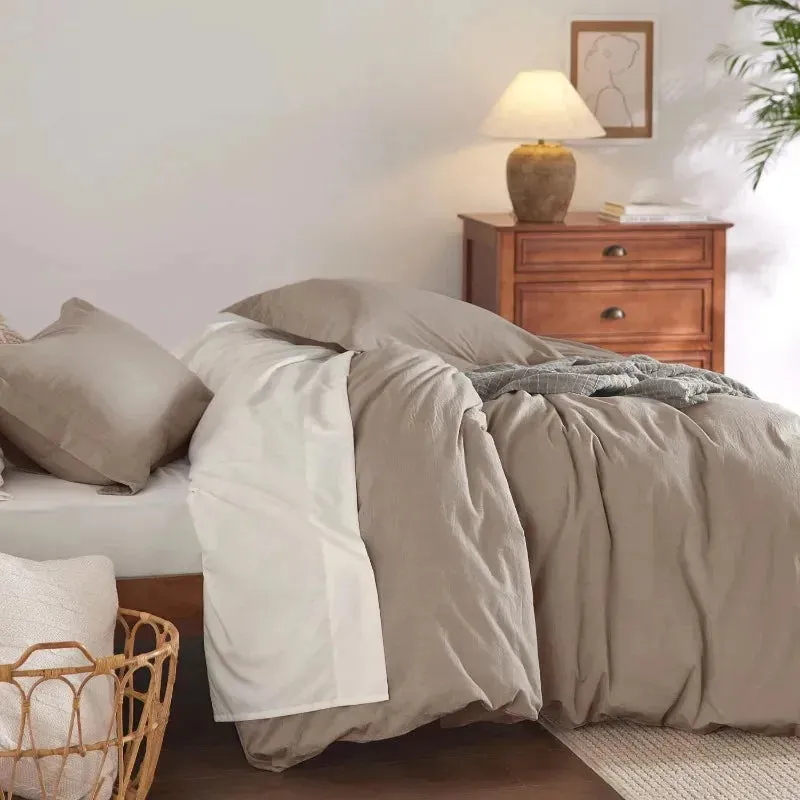 100% Washed Cotton Duvet Cover Set - Taupe