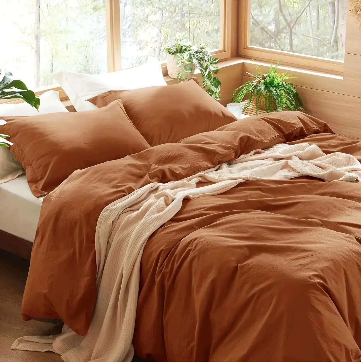 100% Washed Cotton Duvet Cover Set - Terracotta