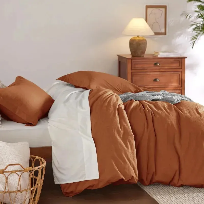 100% Washed Cotton Duvet Cover Set - Terracotta