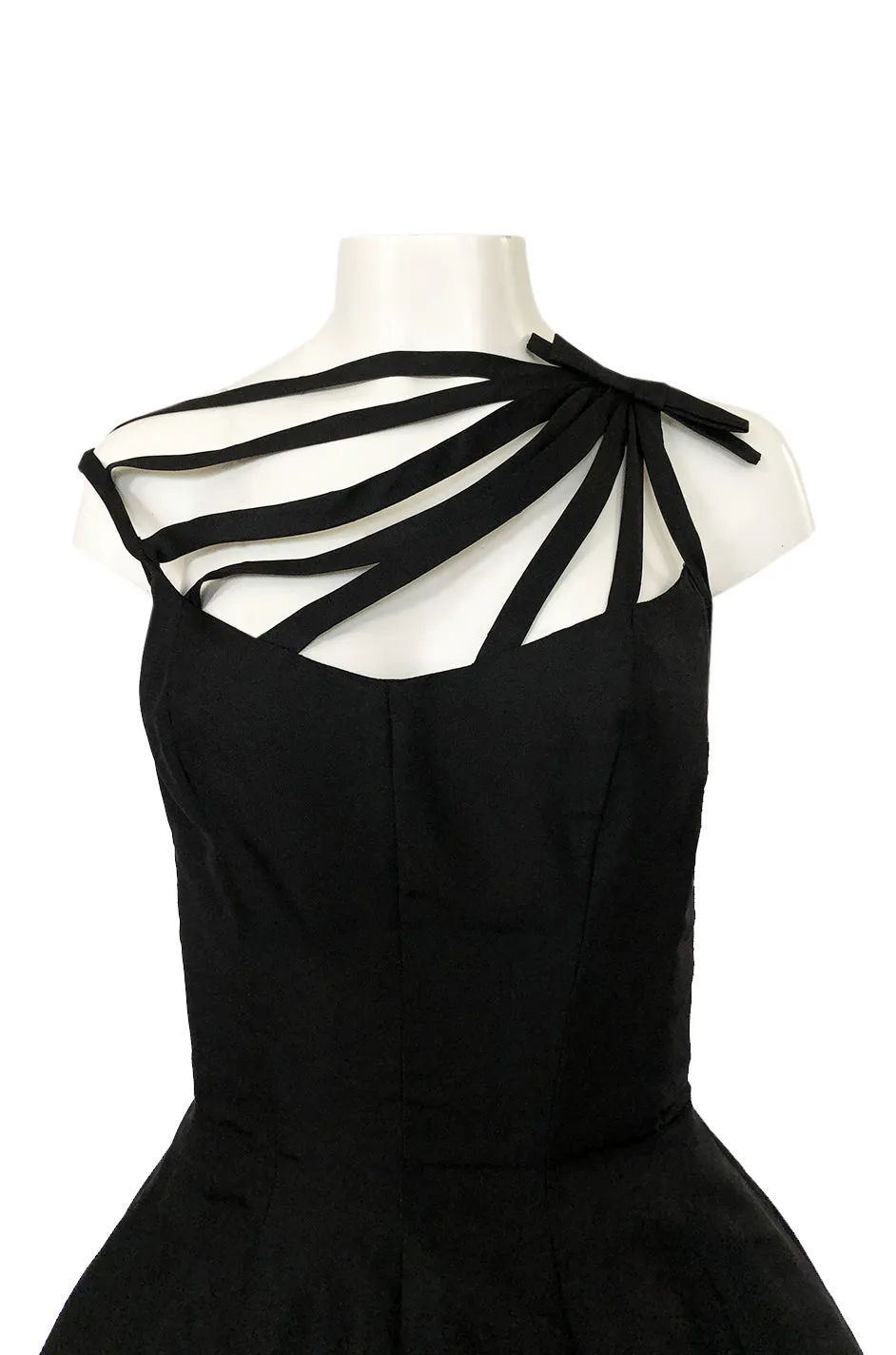 1950s Oleg Cassini Couture Black Silk Full Skirted Dress w Unusual Neckline