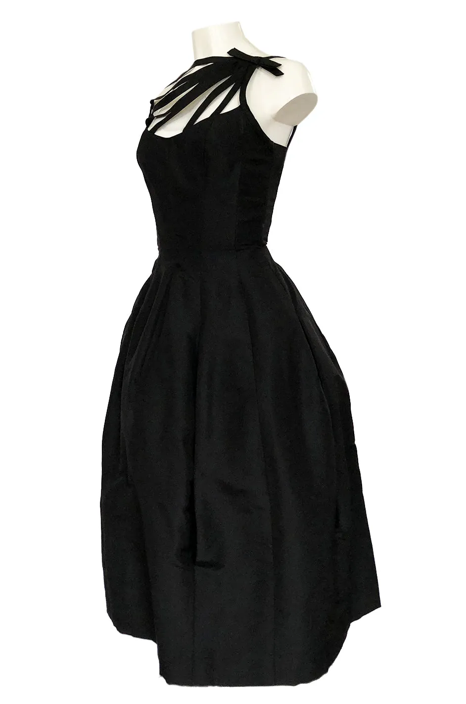 1950s Oleg Cassini Couture Black Silk Full Skirted Dress w Unusual Neckline