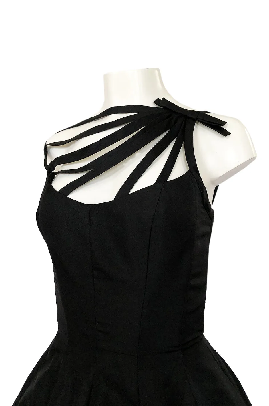 1950s Oleg Cassini Couture Black Silk Full Skirted Dress w Unusual Neckline