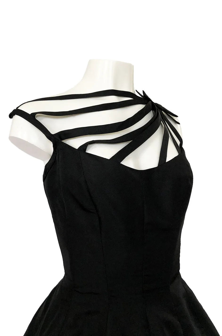 1950s Oleg Cassini Couture Black Silk Full Skirted Dress w Unusual Neckline