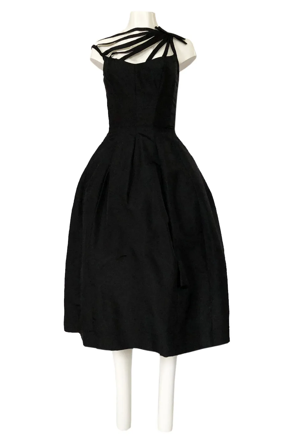 1950s Oleg Cassini Couture Black Silk Full Skirted Dress w Unusual Neckline