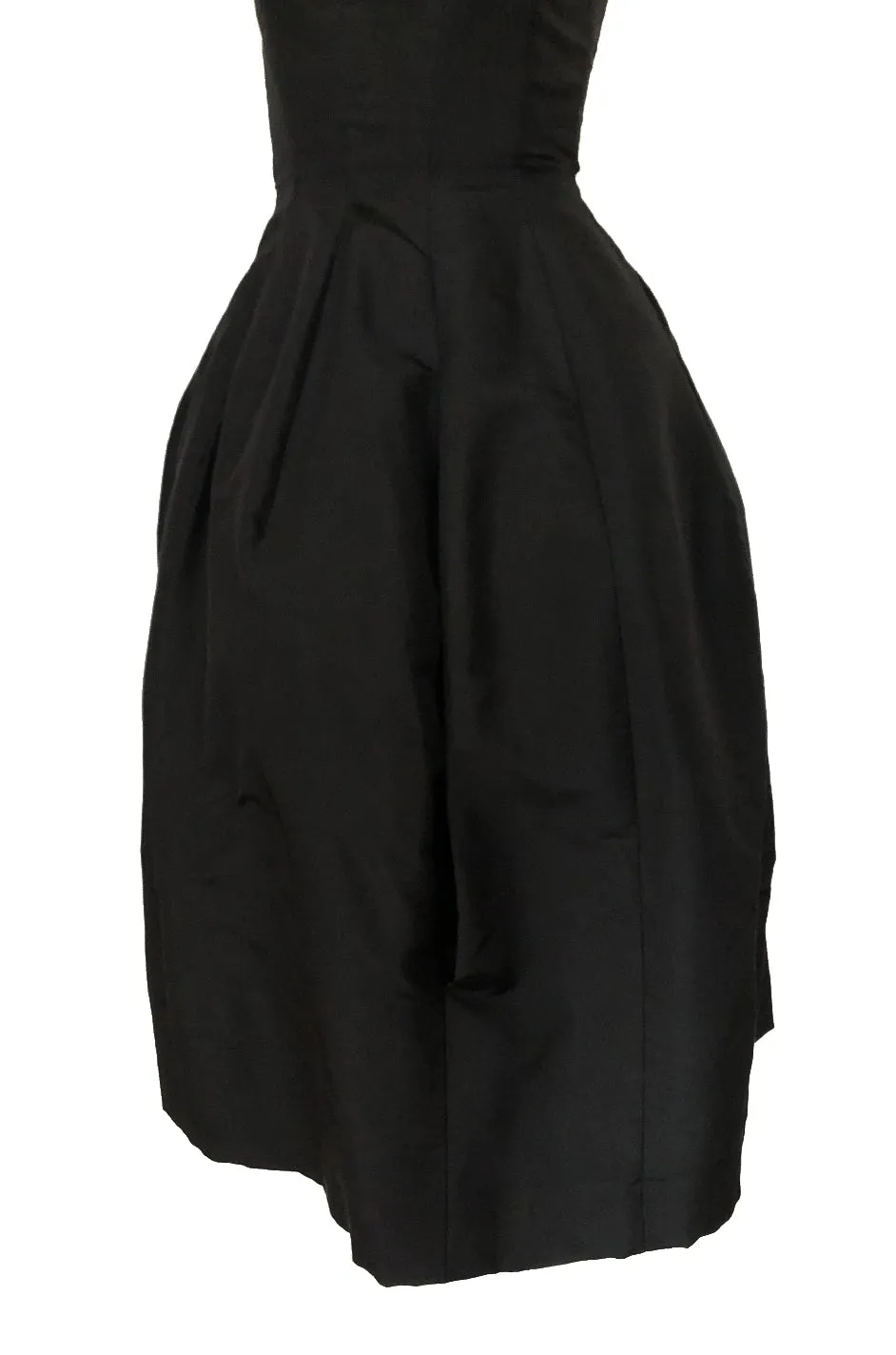 1950s Oleg Cassini Couture Black Silk Full Skirted Dress w Unusual Neckline