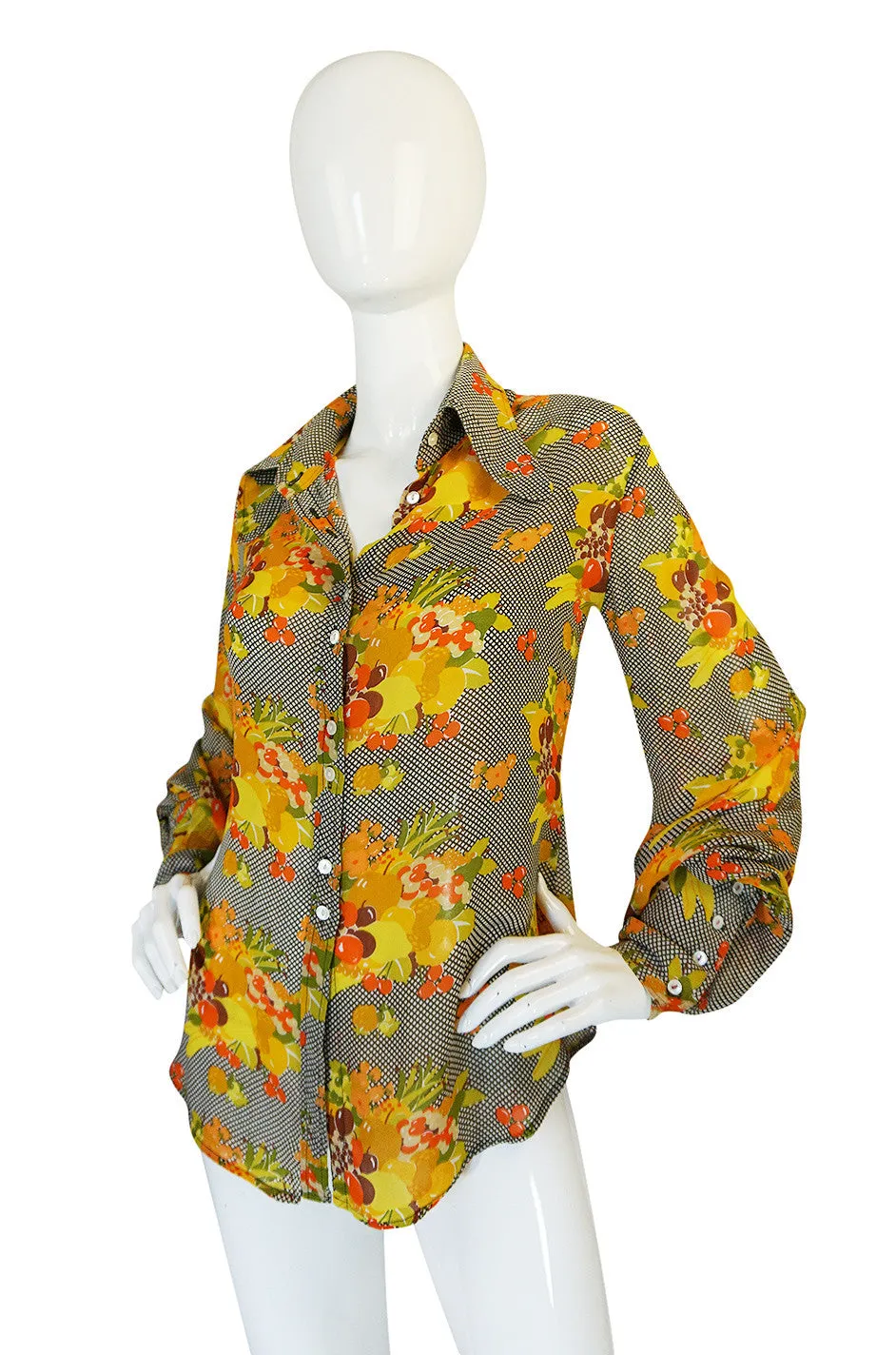 1970s Jeff Banks Lemon and Grape Print Silk Top