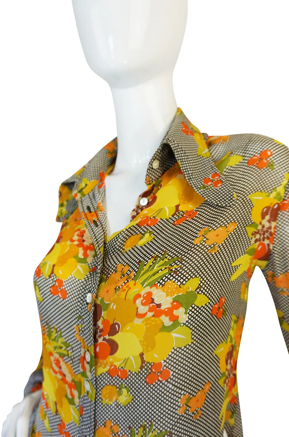 1970s Jeff Banks Lemon and Grape Print Silk Top