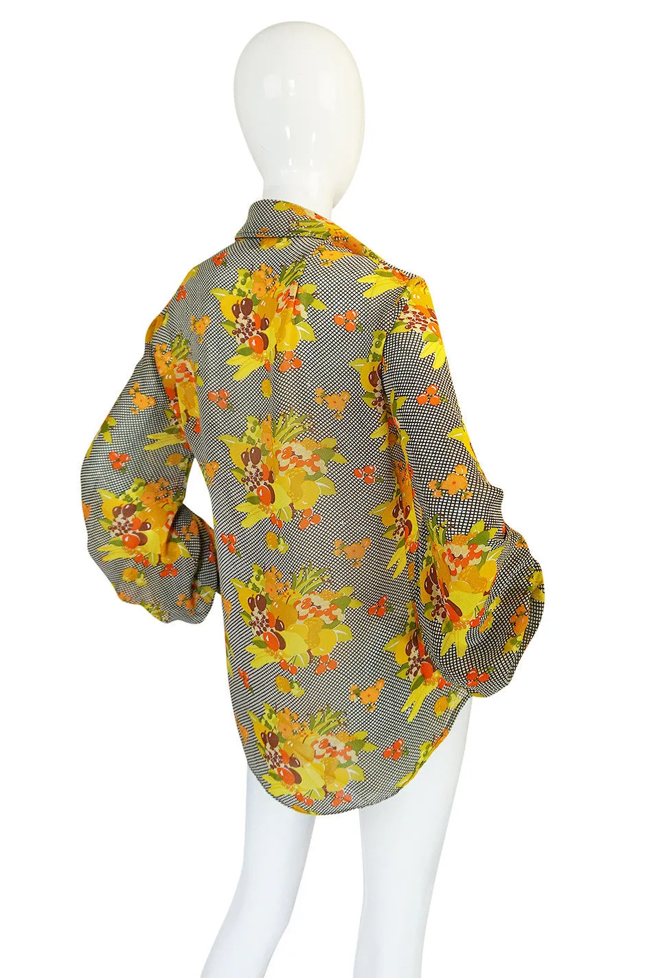 1970s Jeff Banks Lemon and Grape Print Silk Top