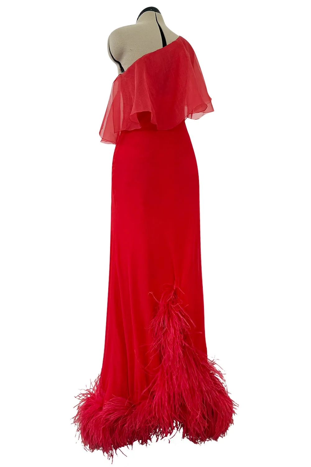 1970s Valentino Red Bias Cut Silk Caped One Shoulder Dress w Feather Hem