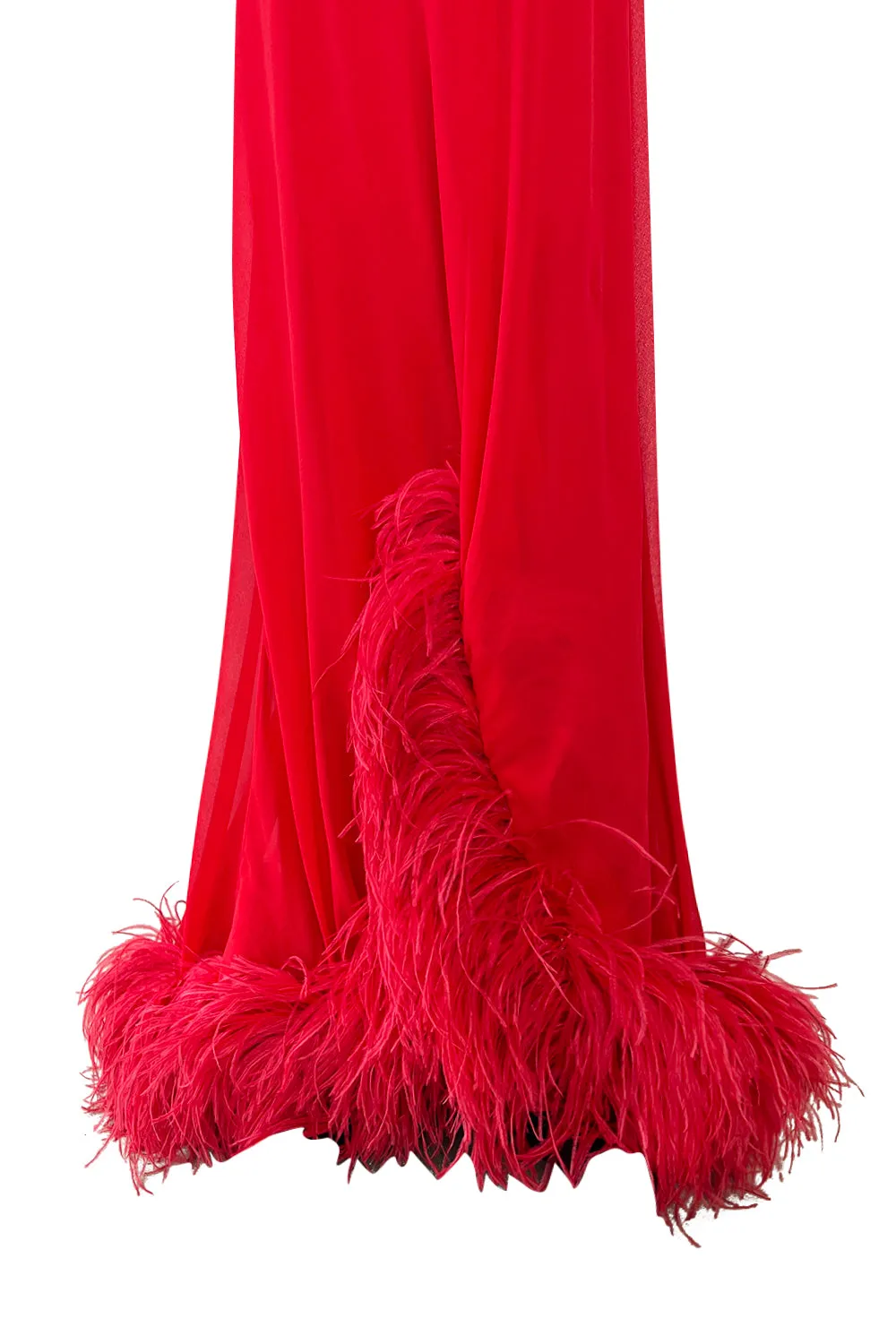 1970s Valentino Red Bias Cut Silk Caped One Shoulder Dress w Feather Hem