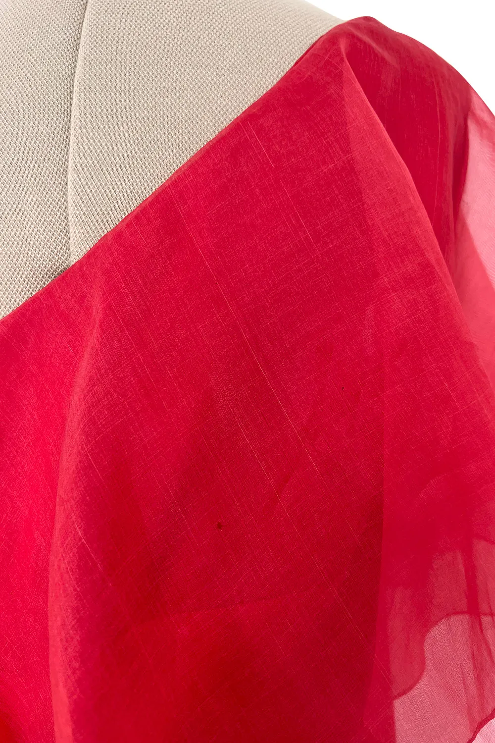 1970s Valentino Red Bias Cut Silk Caped One Shoulder Dress w Feather Hem