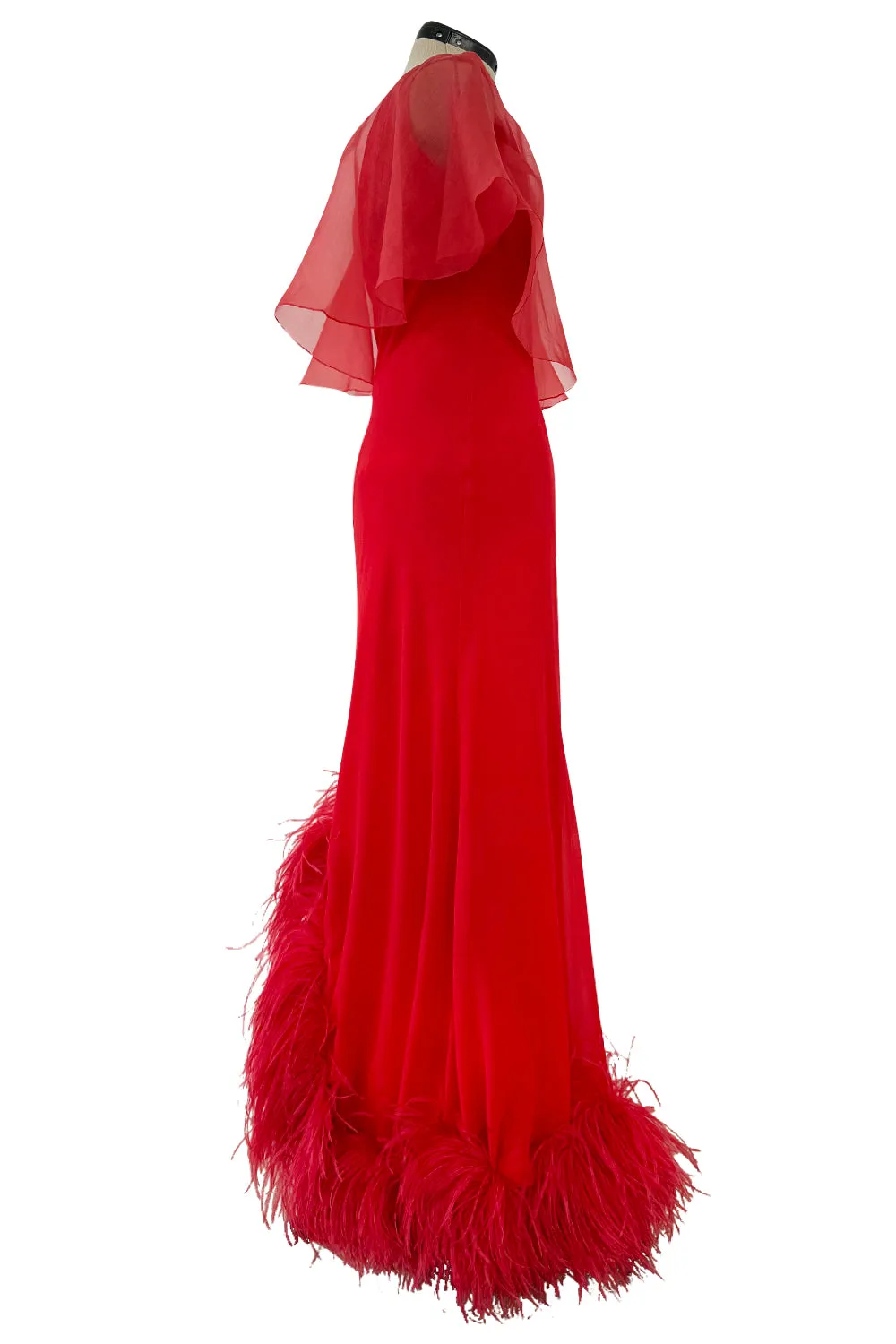 1970s Valentino Red Bias Cut Silk Caped One Shoulder Dress w Feather Hem