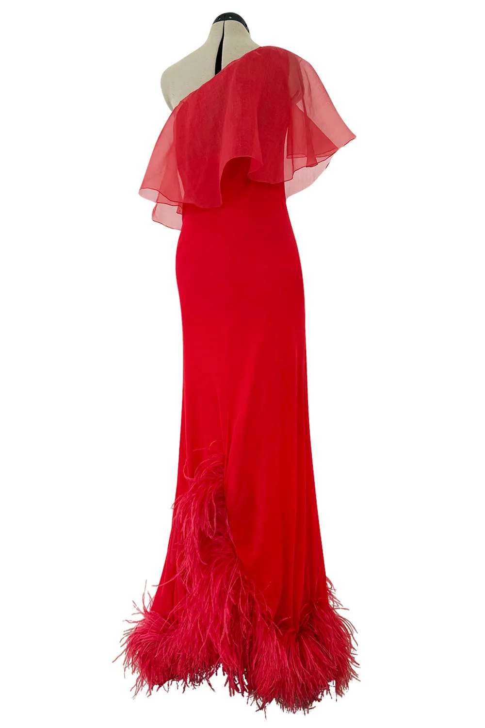 1970s Valentino Red Bias Cut Silk Caped One Shoulder Dress w Feather Hem