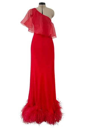 1970s Valentino Red Bias Cut Silk Caped One Shoulder Dress w Feather Hem