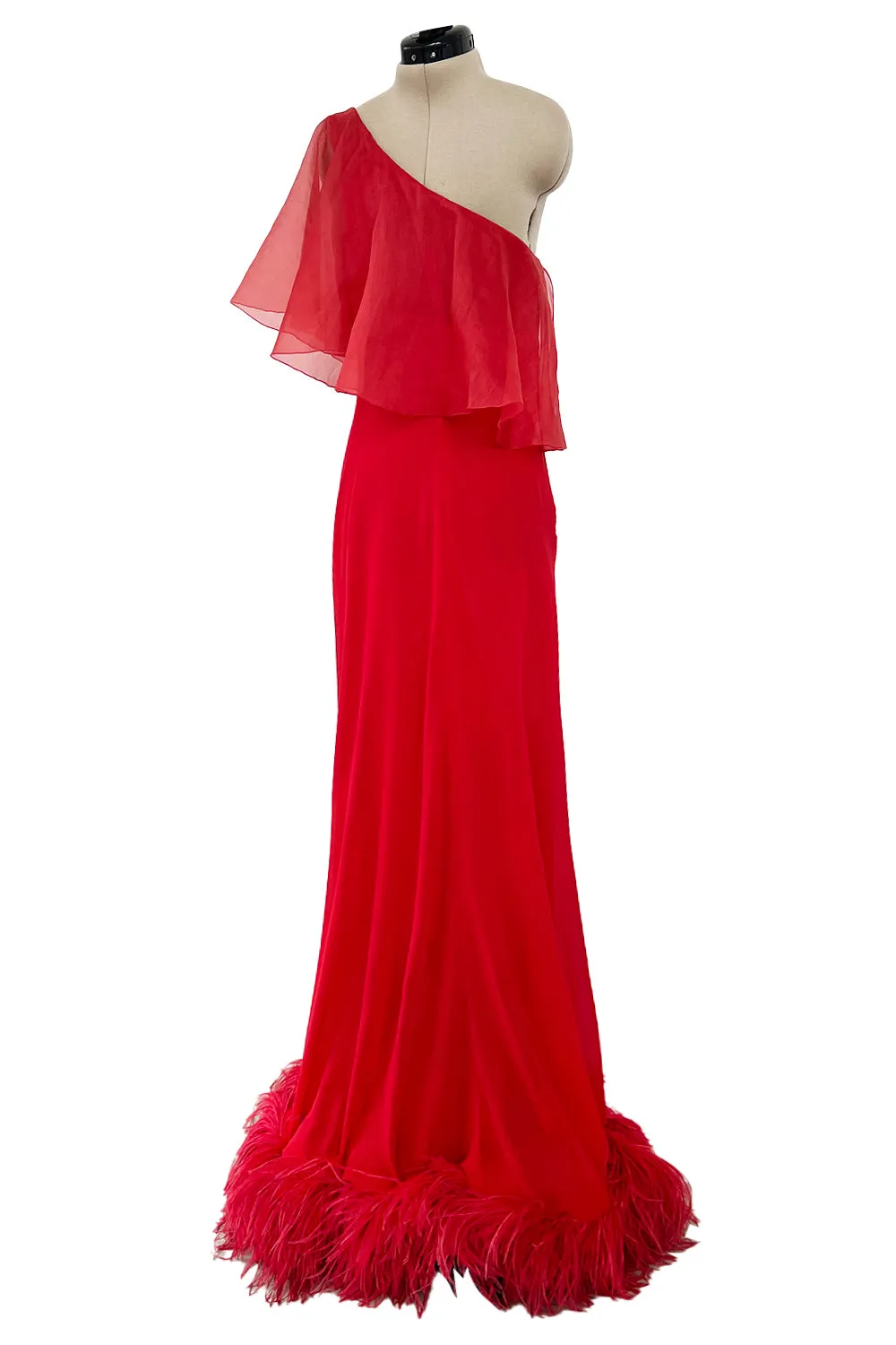 1970s Valentino Red Bias Cut Silk Caped One Shoulder Dress w Feather Hem