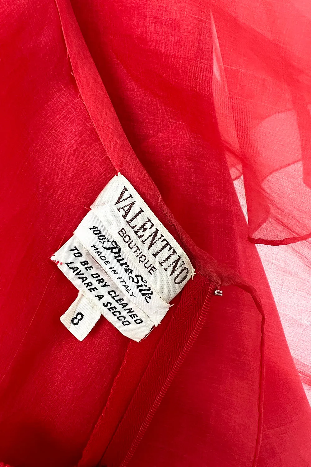 1970s Valentino Red Bias Cut Silk Caped One Shoulder Dress w Feather Hem
