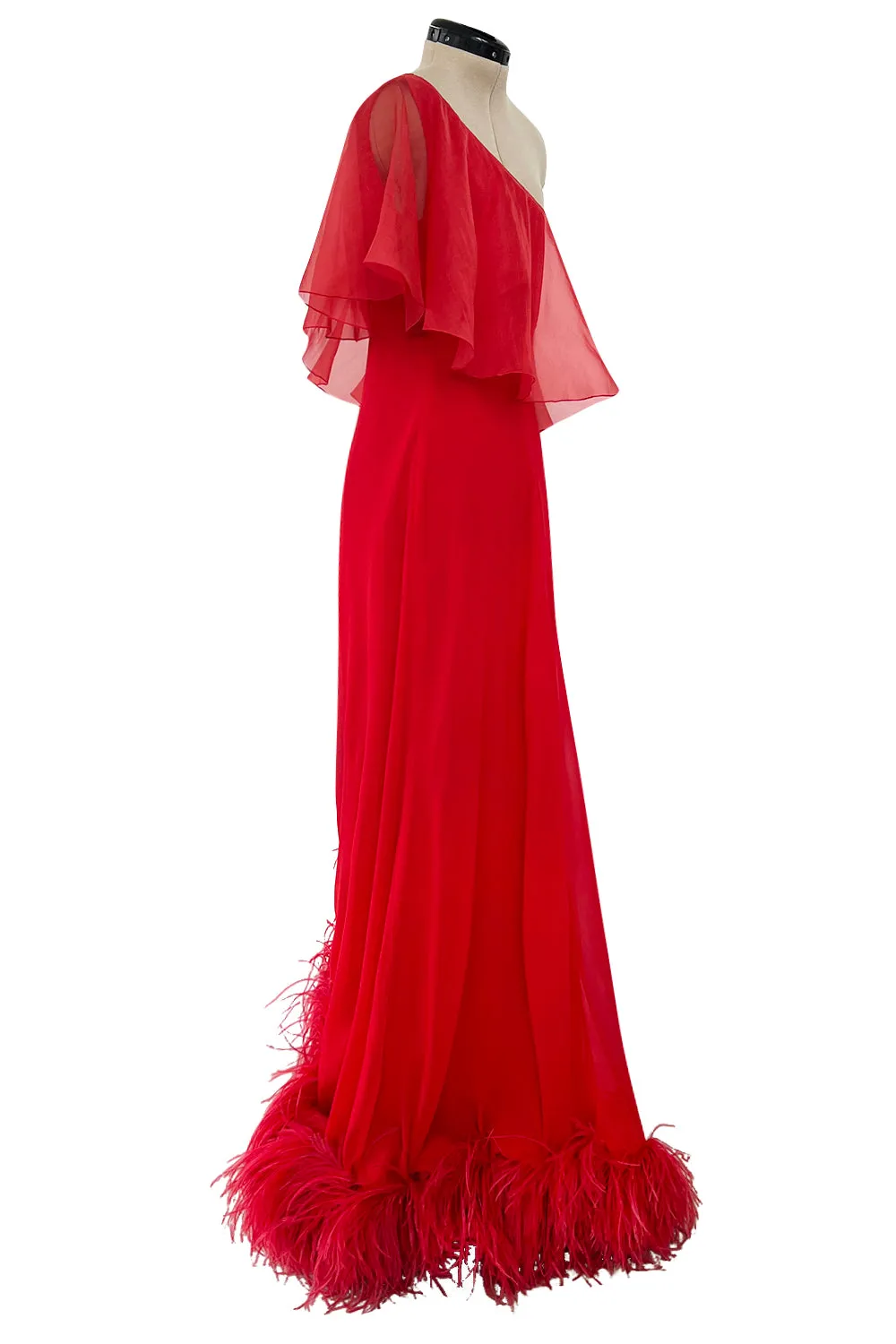 1970s Valentino Red Bias Cut Silk Caped One Shoulder Dress w Feather Hem