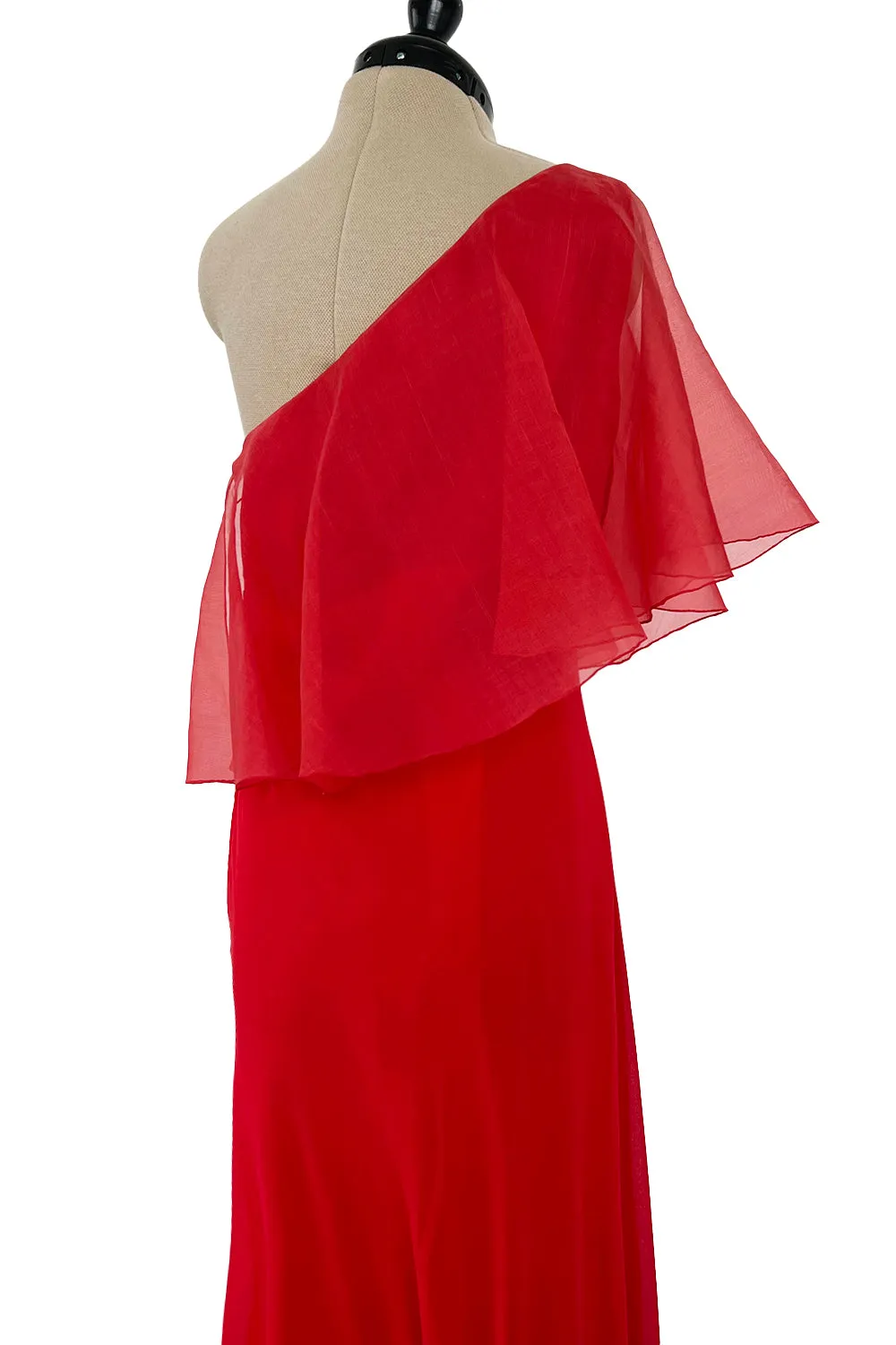 1970s Valentino Red Bias Cut Silk Caped One Shoulder Dress w Feather Hem