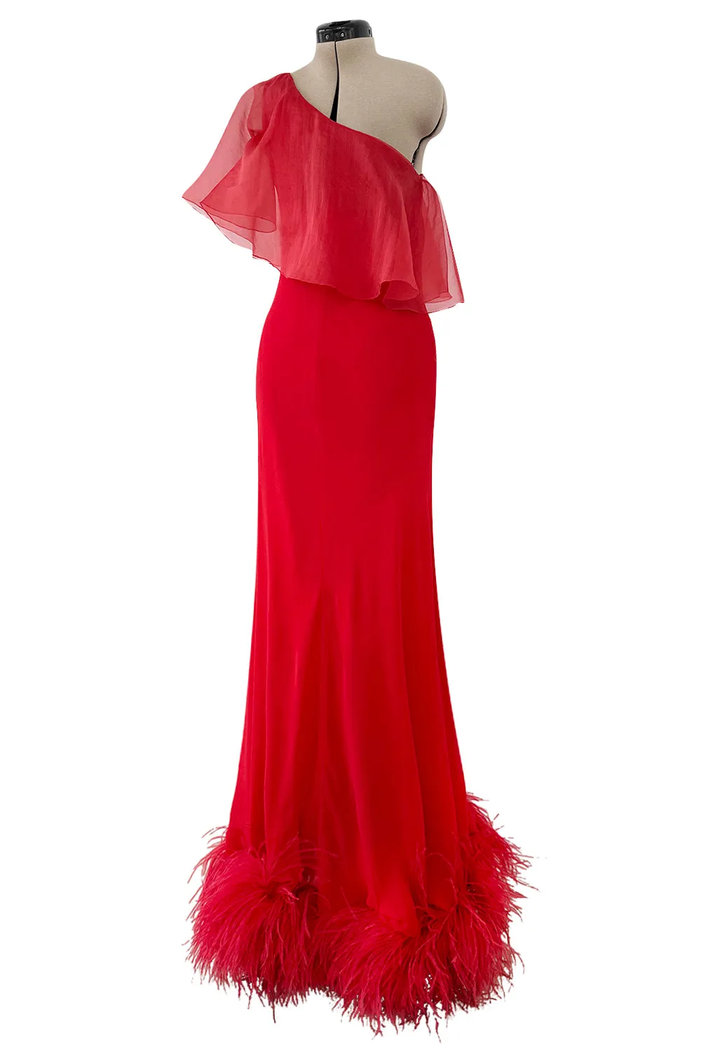 1970s Valentino Red Bias Cut Silk Caped One Shoulder Dress w Feather Hem
