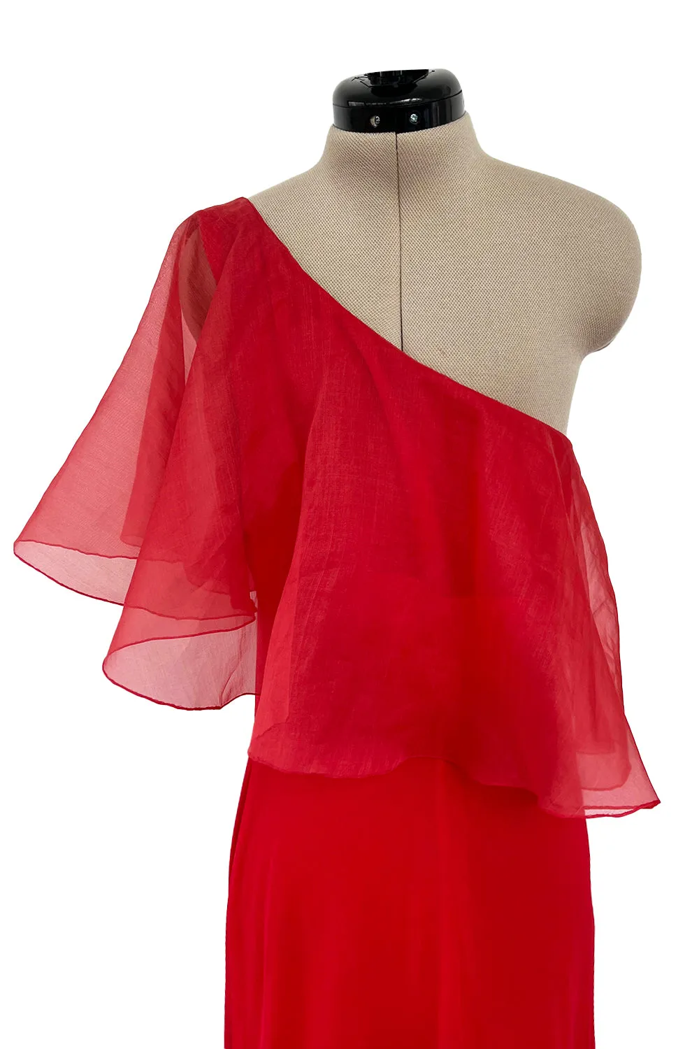 1970s Valentino Red Bias Cut Silk Caped One Shoulder Dress w Feather Hem