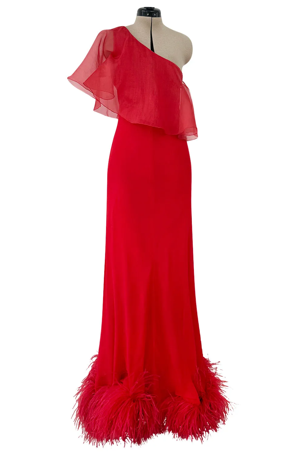 1970s Valentino Red Bias Cut Silk Caped One Shoulder Dress w Feather Hem