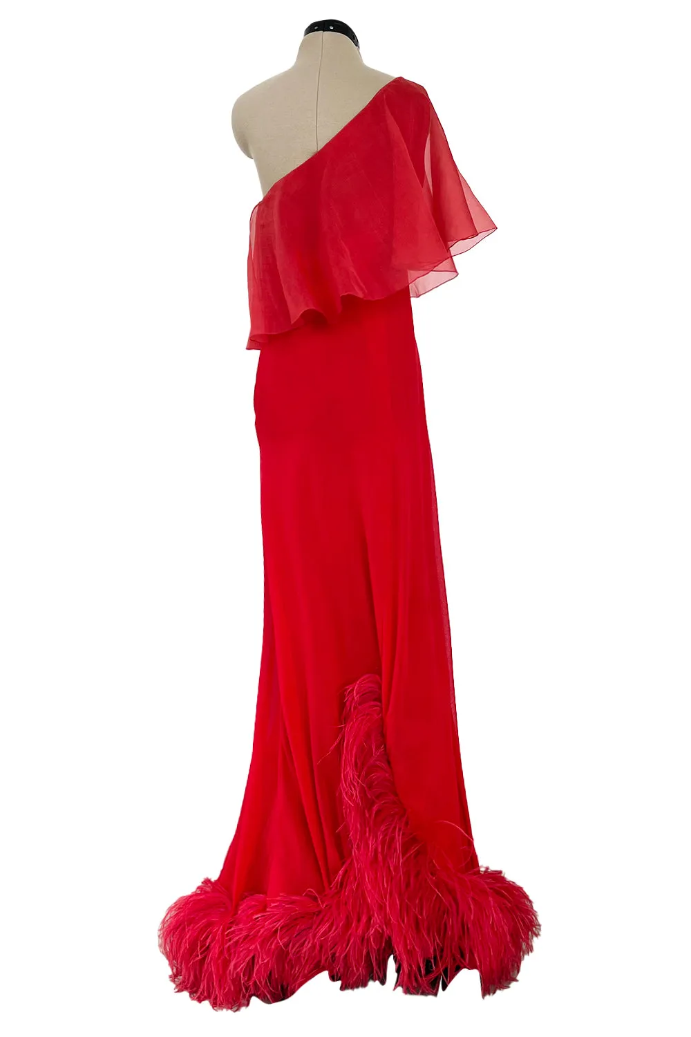 1970s Valentino Red Bias Cut Silk Caped One Shoulder Dress w Feather Hem