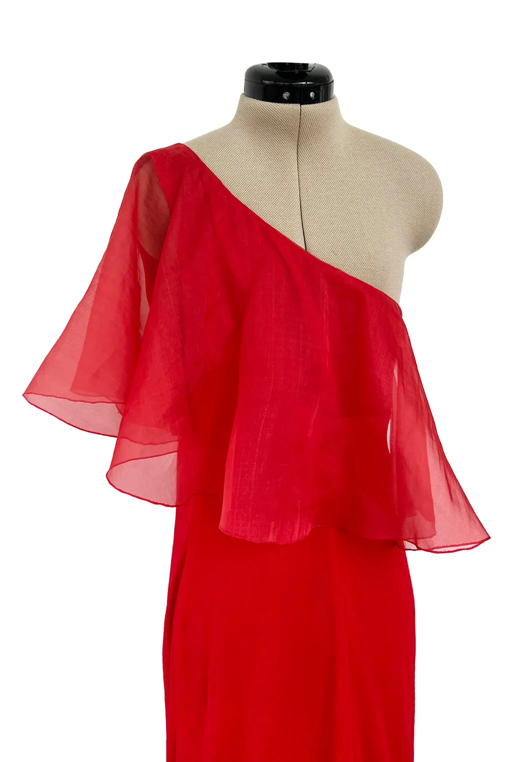 1970s Valentino Red Bias Cut Silk Caped One Shoulder Dress w Feather Hem
