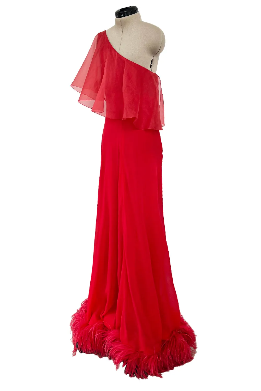 1970s Valentino Red Bias Cut Silk Caped One Shoulder Dress w Feather Hem