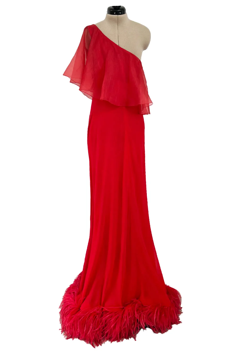 1970s Valentino Red Bias Cut Silk Caped One Shoulder Dress w Feather Hem