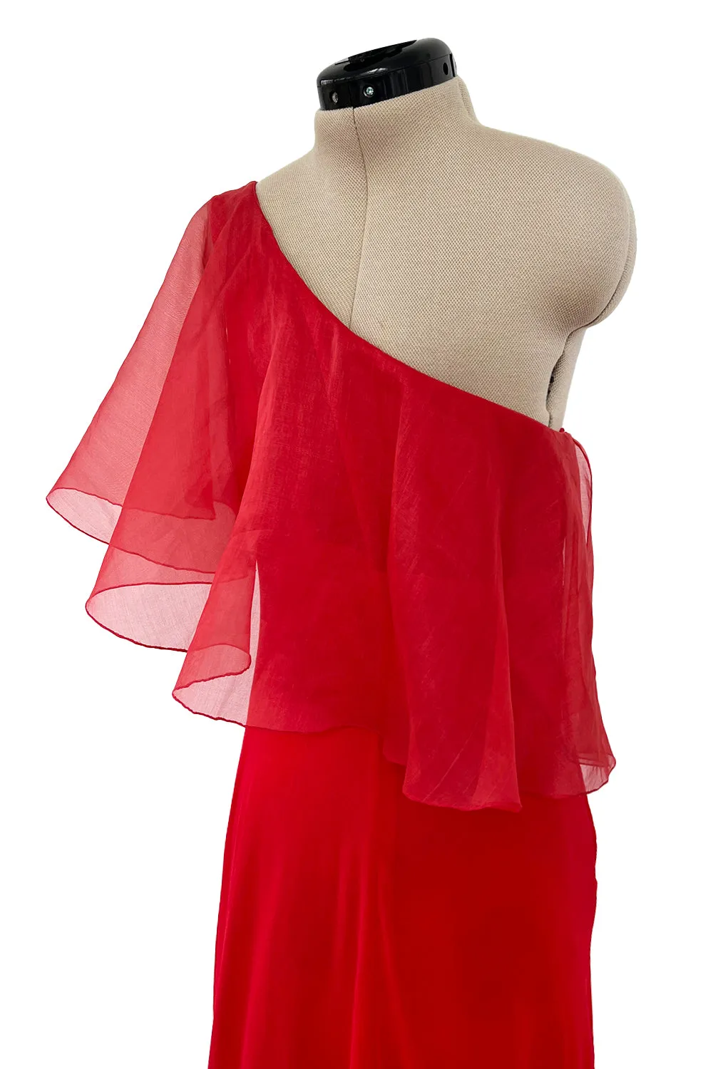 1970s Valentino Red Bias Cut Silk Caped One Shoulder Dress w Feather Hem