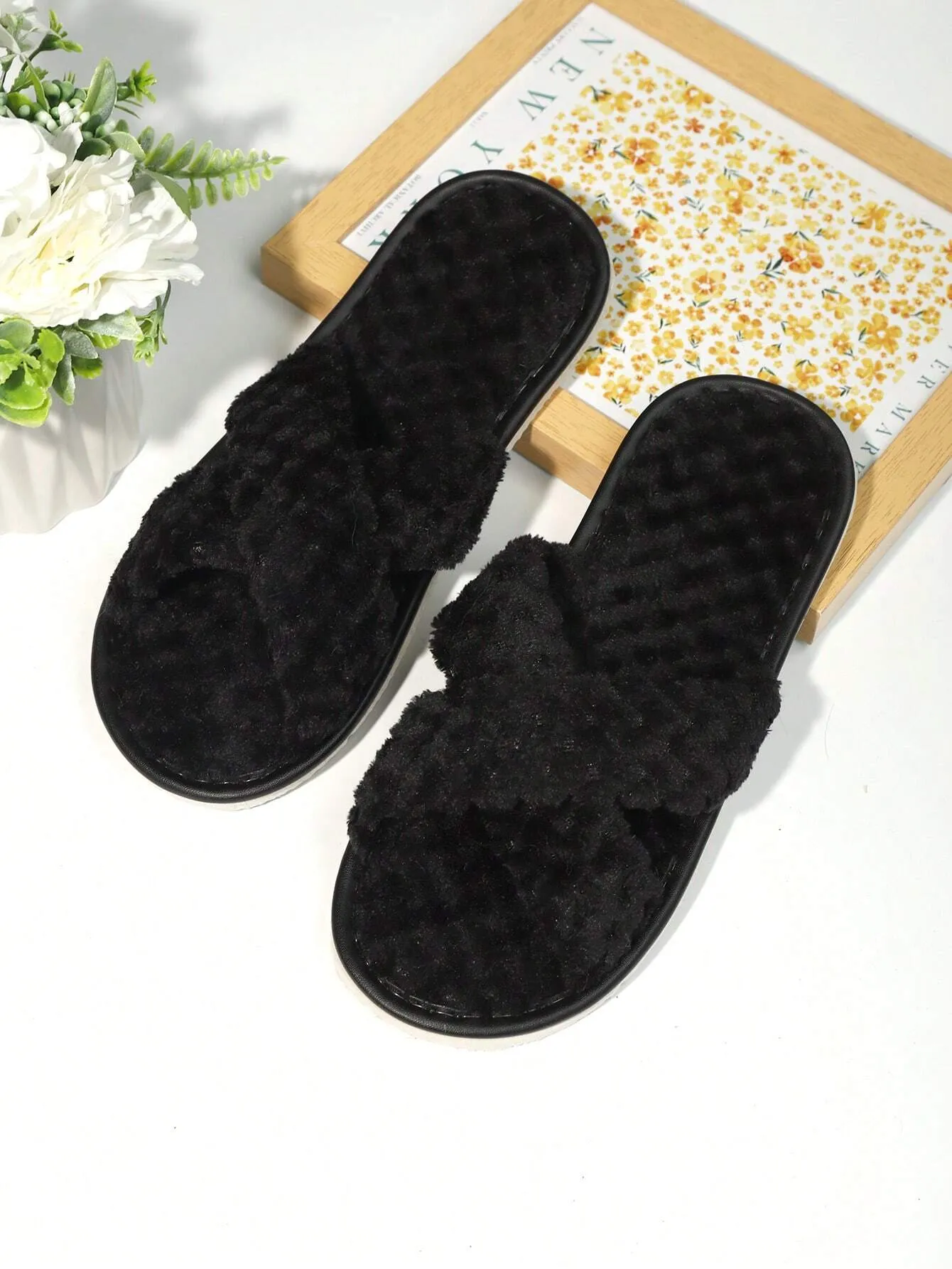 2-Strap Fluffy & Furry Black Slippers For Women, Soft & Lightweight Indoor Carpet Quiet House Slippers