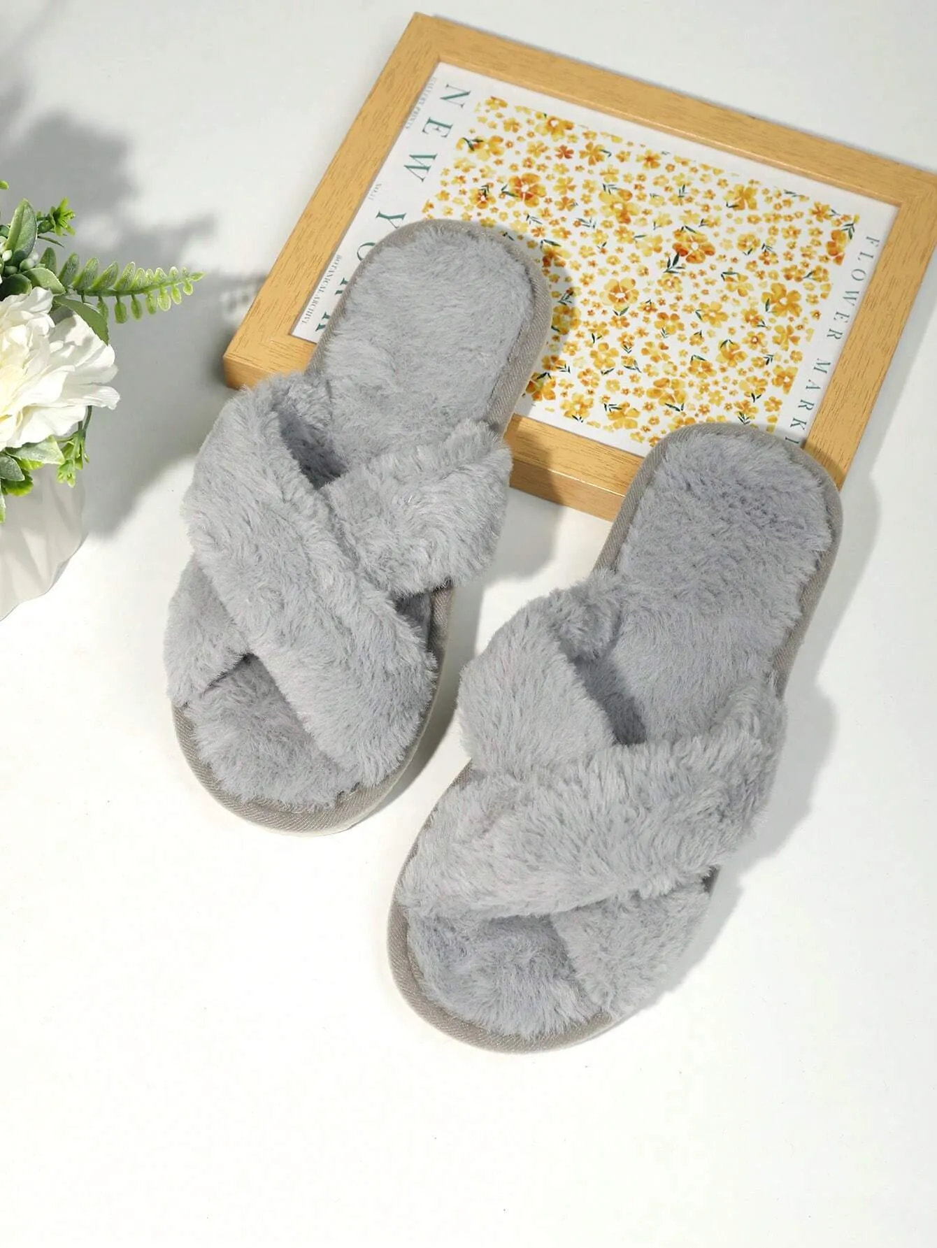 2-Strap Fluffy & Furry Black Slippers For Women, Soft & Lightweight Indoor Carpet Quiet House Slippers