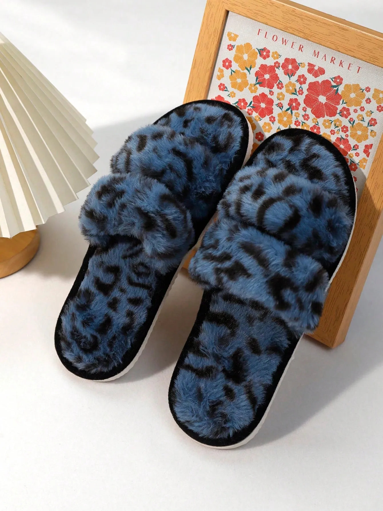 2-Strap Fluffy & Furry Black Slippers For Women, Soft & Lightweight Indoor Carpet Quiet House Slippers