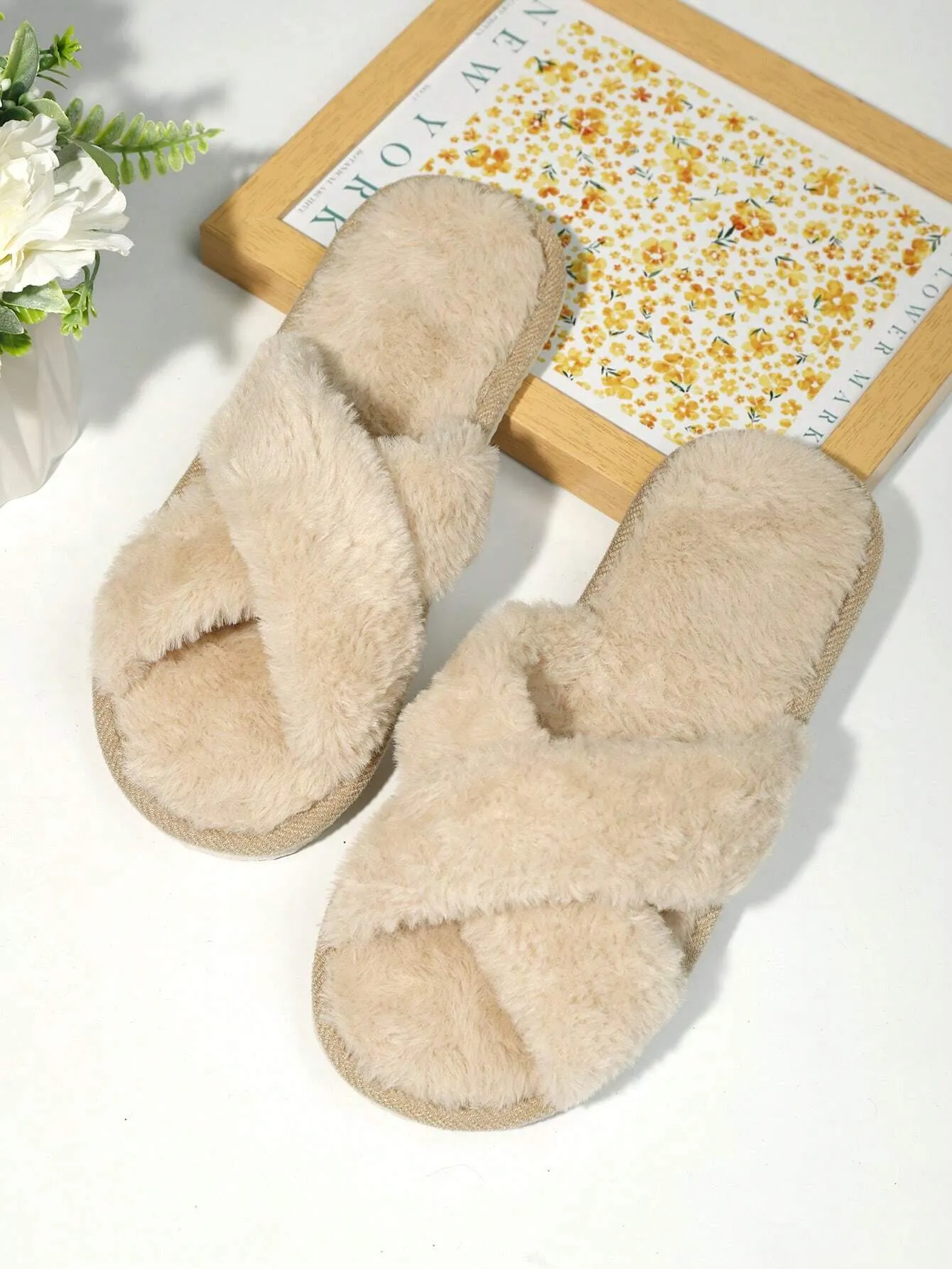 2-Strap Fluffy & Furry Black Slippers For Women, Soft & Lightweight Indoor Carpet Quiet House Slippers