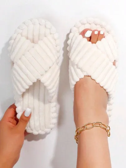 2-Strap Fluffy & Furry Black Slippers For Women, Soft & Lightweight Indoor Carpet Quiet House Slippers