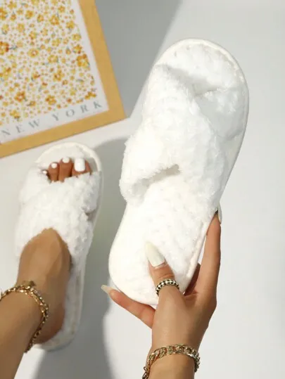 2-Strap Fluffy & Furry Black Slippers For Women, Soft & Lightweight Indoor Carpet Quiet House Slippers