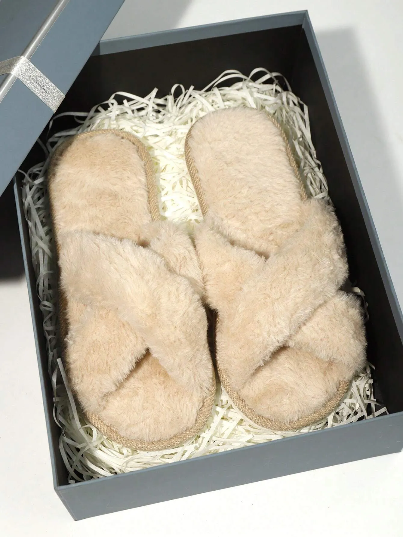 2-Strap Fluffy & Furry Black Slippers For Women, Soft & Lightweight Indoor Carpet Quiet House Slippers