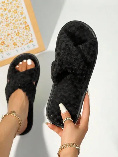 2-Strap Fluffy & Furry Black Slippers For Women, Soft & Lightweight Indoor Carpet Quiet House Slippers