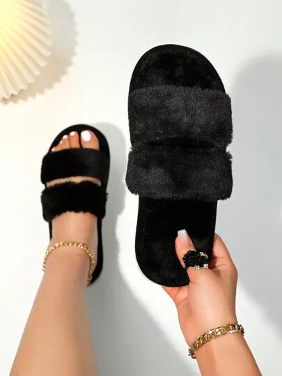 2-Strap Fluffy & Furry Black Slippers For Women, Soft & Lightweight Indoor Carpet Quiet House Slippers